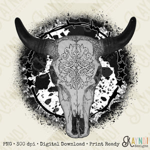 Steer Skull Black Sublimation Design PNG Digital Download Printable Western Cow Print Punchy Rodeo Country Farmer Ranchy Cowgirl Cowboy Bull
