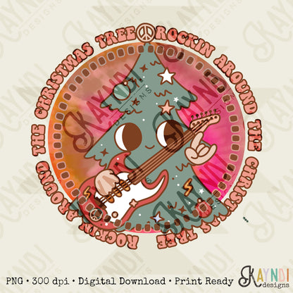 Rockin Around the Christmas Tree Sublimation Design PNG Digital Download Printable Retro Groovy 70s 90s Hippie Character Tie-dye Guitar