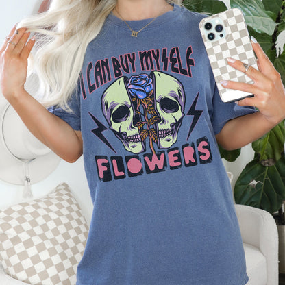 I Can Buy Myself Flowers Sublimation Design PNG Digital Download Printable Red Neon Grunge Skull Rose Lightning Bolt Skellie Skull Skeleton