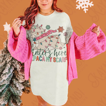 Winter's Here Alpaca My Scarf Sublimation Design PNG Digital Download Printable Cute Girls Kids Pink Christmas Snow Flakes Christmas Lights