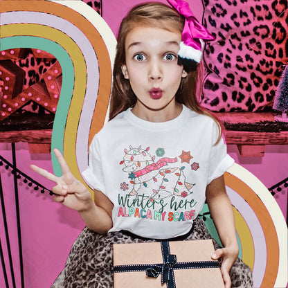 Winter's Here Alpaca My Scarf Sublimation Design PNG Digital Download Printable Cute Girls Kids Pink Christmas Snow Flakes Christmas Lights