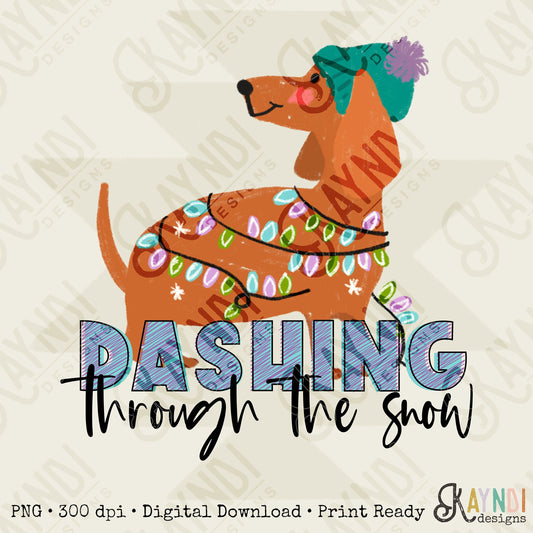Dashing Through The Snow Sublimation Design PNG Digital Download Printable Dachshund Weenie Weenier Dog Christmas Lights Winter Cute Girls