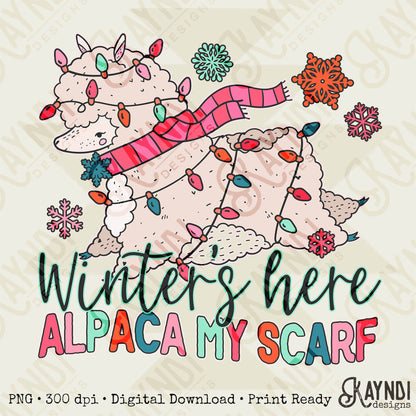 Winter's Here Alpaca My Scarf Sublimation Design PNG Digital Download Printable Cute Girls Kids Pink Christmas Snow Flakes Christmas Lights