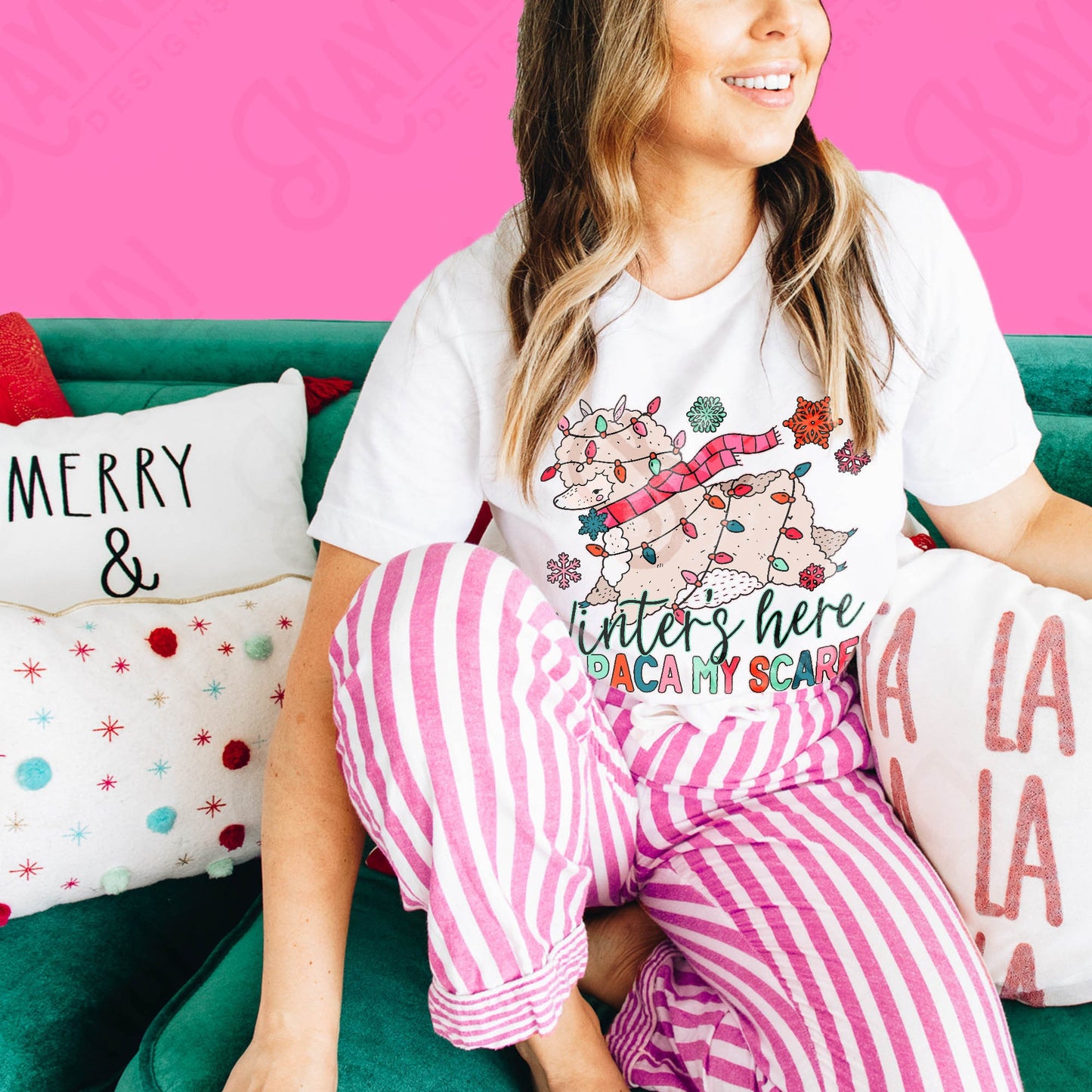 Winter's Here Alpaca My Scarf Sublimation Design PNG Digital Download Printable Cute Girls Kids Pink Christmas Snow Flakes Christmas Lights