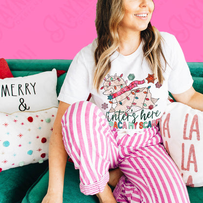 Winter's Here Alpaca My Scarf Sublimation Design PNG Digital Download Printable Cute Girls Kids Pink Christmas Snow Flakes Christmas Lights