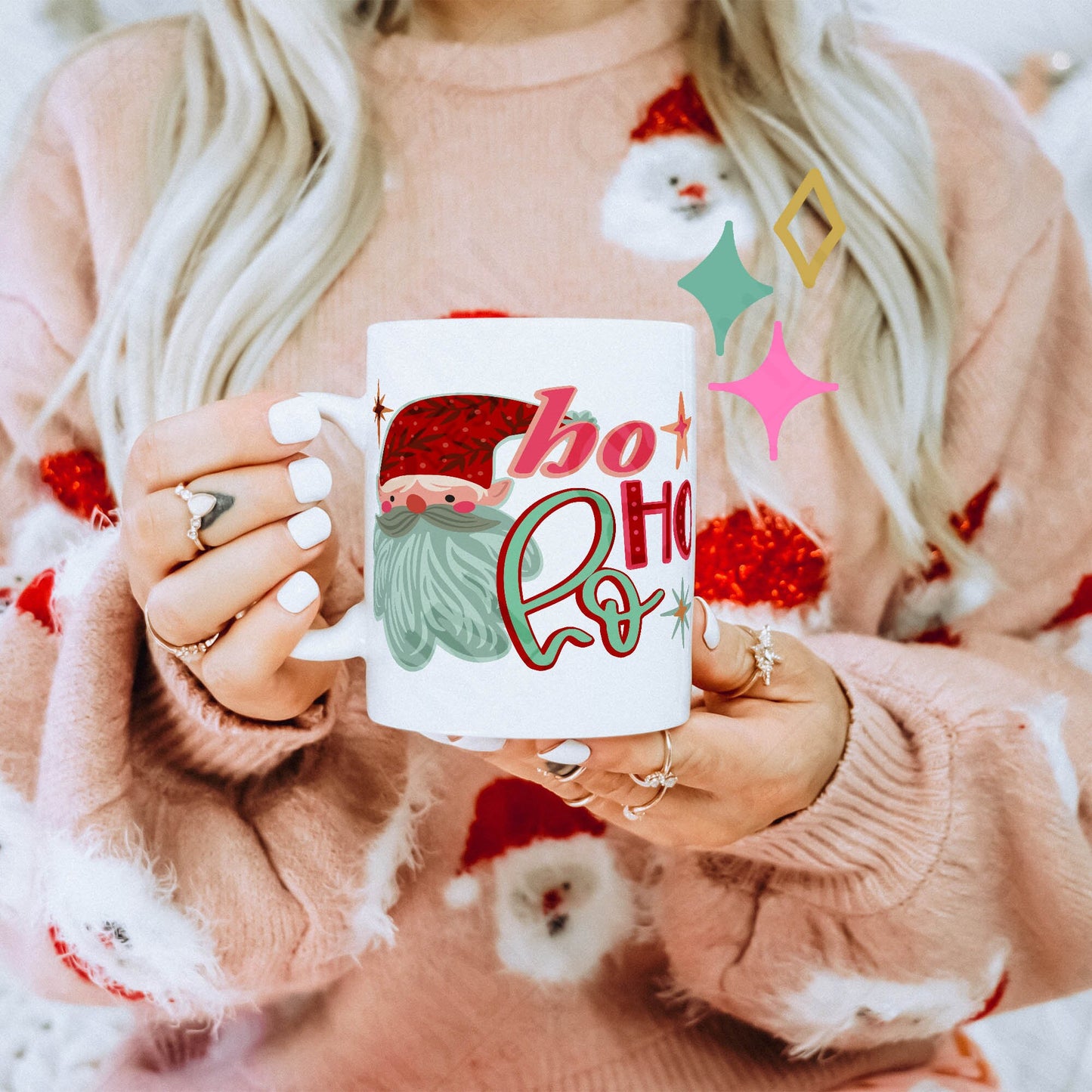 Ho Ho Ho Santa Sublimation Design PNG Digital Download Printable Cute Doodle Pink Christmas Bright Winter Kids Children's Girls Santa Hat