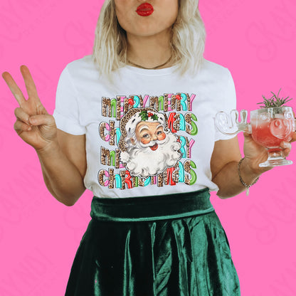 Merry Merry Christmas Santa Sublimation Design PNG Digital Download Printable Leopard Cheetah Bright Retro Vintage Santa Claus Merry Xmas