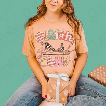 Sleigh Girl Slay Sublimation Design PNG Digital Download Printable Cute Pink Christmas Leopard Santa Claus Sleigh Doodle Letters Winter