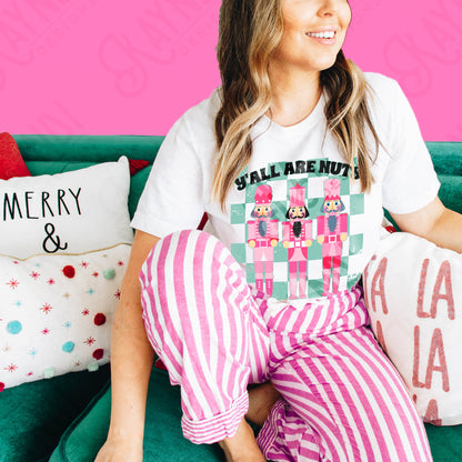 Y'all Are Nuts Nutcrackers Checker Sublimation Design PNG Digital Download Printable Christmas Cute Girly Winter Kids Pink Teal Retro