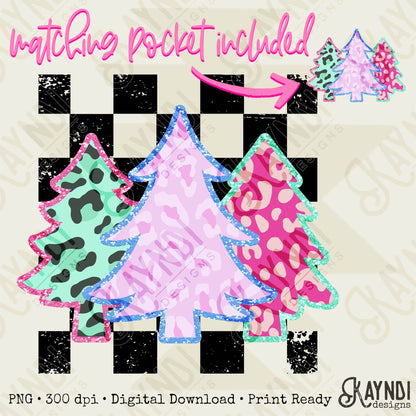 Glitter Leopard Christmas Trees with Matching Pocket Sublimation Design PNG Digital Download Printable Checker Cheetah Pink Teal Girly