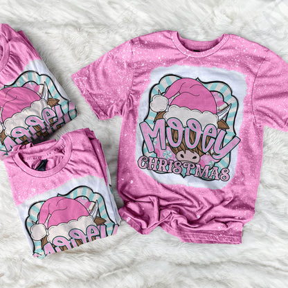 Mooey Christmas Pink Teal Sublimation Design PNG Digital Download Printable Christmas Cow Furry Cow Santa Hat Candy Cane Merry Christmas