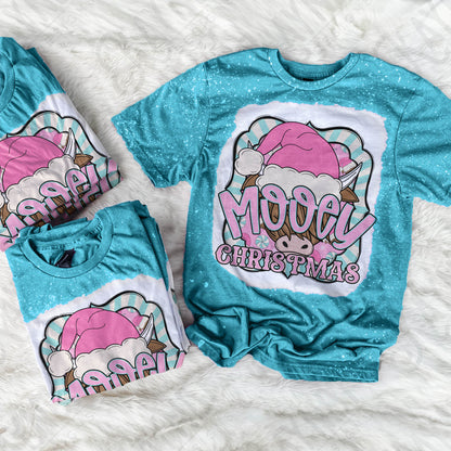 Mooey Christmas Pink Teal Sublimation Design PNG Digital Download Printable Christmas Cow Furry Cow Santa Hat Candy Cane Merry Christmas