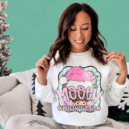 Mooey Christmas Pink Teal Sublimation Design PNG Digital Download Printable Christmas Cow Furry Cow Santa Hat Candy Cane Merry Christmas