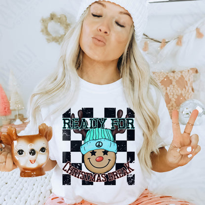 Ready for Christmas Break Reindeer Blue Beanie Hat Sublimation Design PNG Digital Download Printable Kids Christmas School Teacher Checker