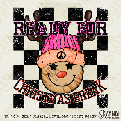 Ready for Christmas Break Reindeer Pink Beanie Hat Sublimation Design PNG Digital Download Printable Kids Christmas School Teacher Checker