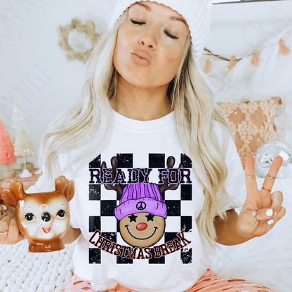 Ready for Christmas Break Reindeer Purple Beanie Hat Sublimation Design PNG Digital Download Printable Kids Christmas School Teacher Checker