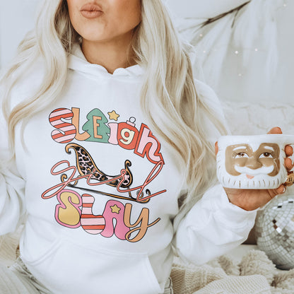 Sleigh Girl Slay Sublimation Design PNG Digital Download Printable Cute Pink Christmas Leopard Santa Claus Sleigh Doodle Letters Winter