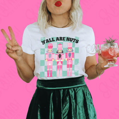 Y'all Are Nuts Nutcrackers Checker Sublimation Design PNG Digital Download Printable Christmas Cute Girly Winter Kids Pink Teal Retro