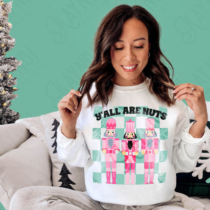 Y'all Are Nuts Nutcrackers Checker Sublimation Design PNG Digital Download Printable Christmas Cute Girly Winter Kids Pink Teal Retro