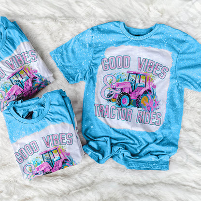 Good Vibes & Tractor Rides Sublimation Design PNG Digital Download Printable Teal Pink Tractor Preppy Southern Country Girl Small Town Vibes