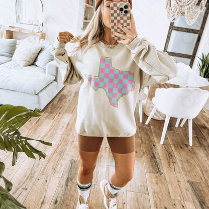 Check Pink Teal Texas Sublimation PNG, Digital Download, Printable Western, State-Based Art, Vibrant, DIY Craft Design