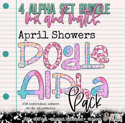 April Showers Doodle Alpha Set Sublimation Design PNG Digital Download Printable Plaid Cheetah Flowers Pink
