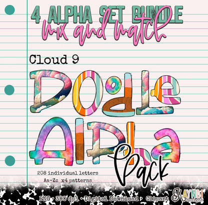 Doodle Alpha Cloud 9 Bundle Alpha Set Sublimation Design PNG Digital Download Printable Clouds Rainbows