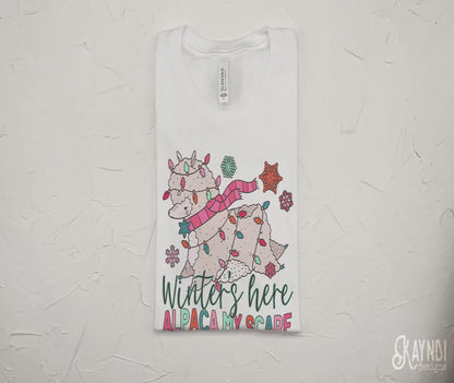 Winter's Here Alpaca My Scarf Sublimation Design PNG Digital Download Printable Cute Girls Kids Pink Christmas Snow Flakes Christmas Lights