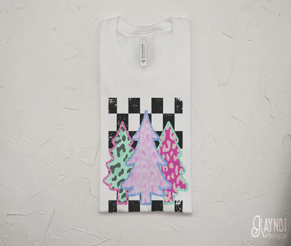 Glitter Leopard Christmas Trees with Matching Pocket Sublimation Design PNG Digital Download Printable Checker Cheetah Pink Teal Girly