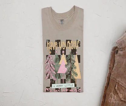 Have Yourself a Merry Little Christmas Sublimation Design PNG Digital Download Printable Retro Checker Christmas Trees Cute Pink Girly Girls