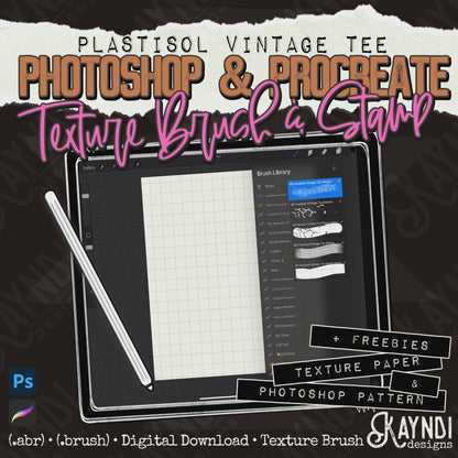 Plastisol Vintage Tee Photoshop and Procreate Texture Brushes plus Freebies Seamless Texture Overlay & Photoshop Pattern