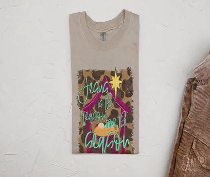 Jesus is the Reason for the Season Pink Sublimation Design PNG Digital Download Printable Christian Christmas Nativity Baby Jesus Leopard