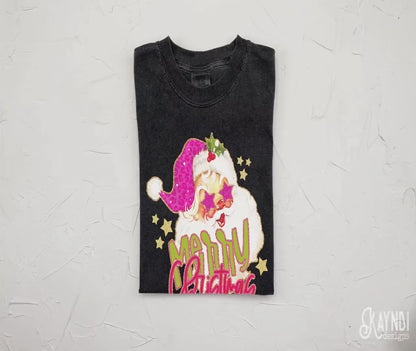 Merry Christmas Preppy Santa Sublimation Design PNG Digital Download Printable Pink Hat Leopard Cheetah Vintage Glitter Star Eyes