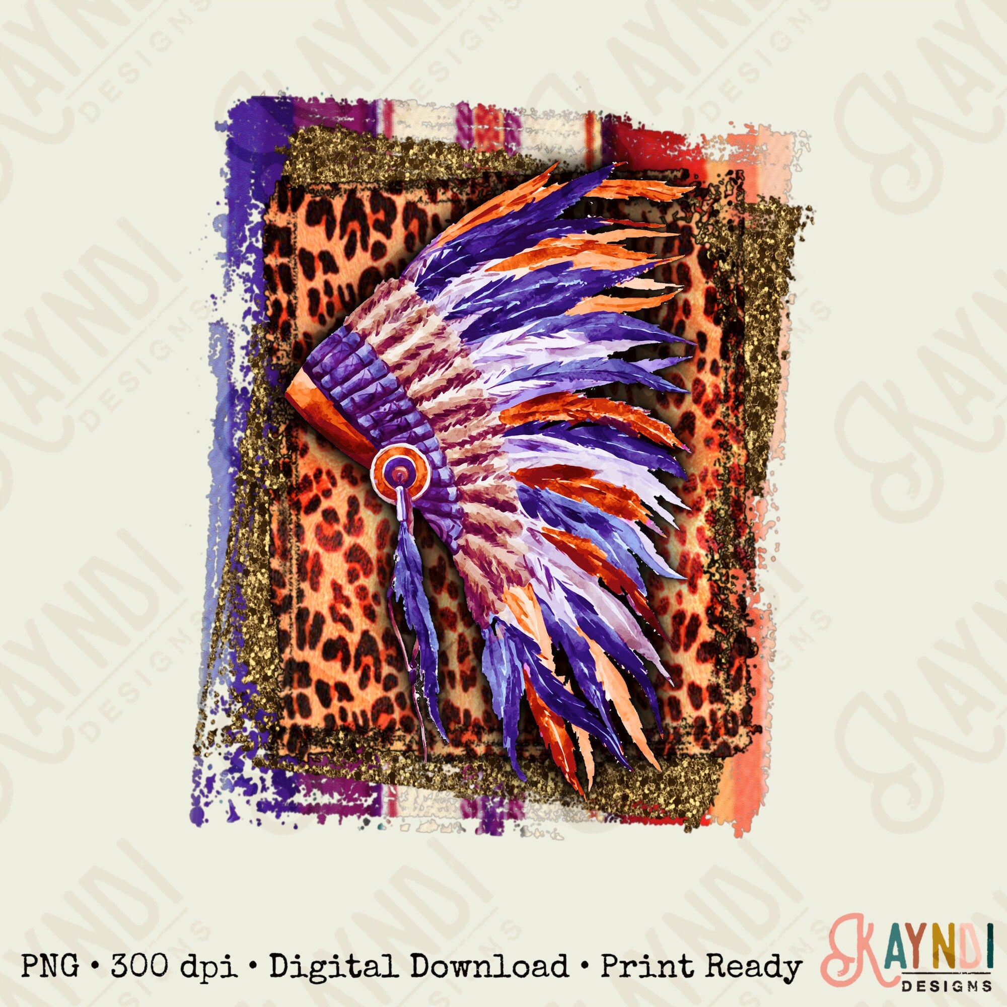Leopard Purple Feather Headress Sublimation Design PNG Digital Download Printable Indian Native American Tribe Tribal Boho Western Feathers