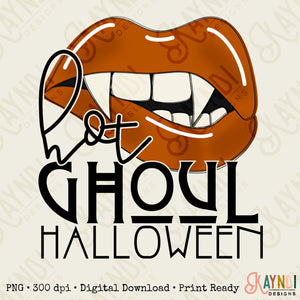 Hot Ghoul Summer Sublimation Design PNG Digital Download Printable Orange Vampire Lips Teeth Halloween Scary Haunted Hot Girl