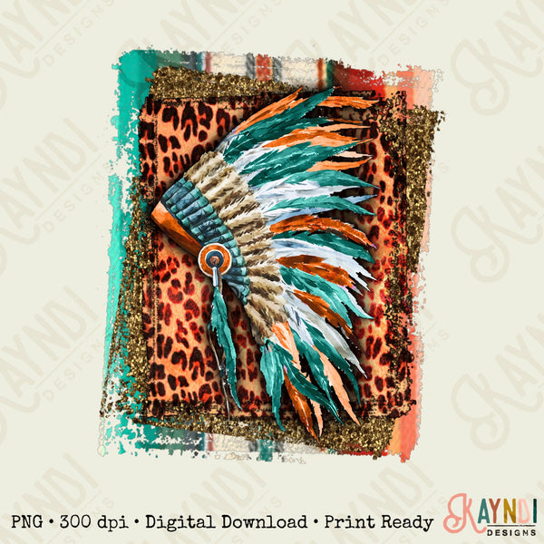 Leopard Feather Headress Sublimation Design PNG Digital Download Printable Indian Native American Tribe Tribal Boho Western Feathers