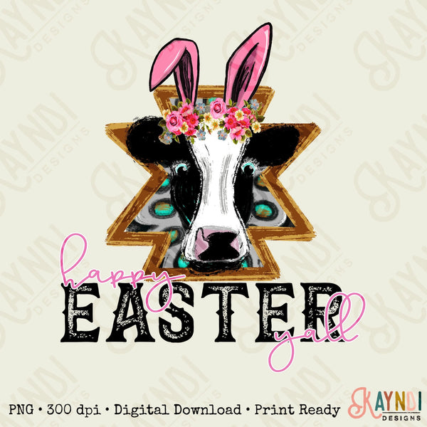 Happy Easter Y’all Cow Bunny Ears Sublimation Printable Design Country Western Easter Doodle Aztec Concho DTG Printing Digital Download
