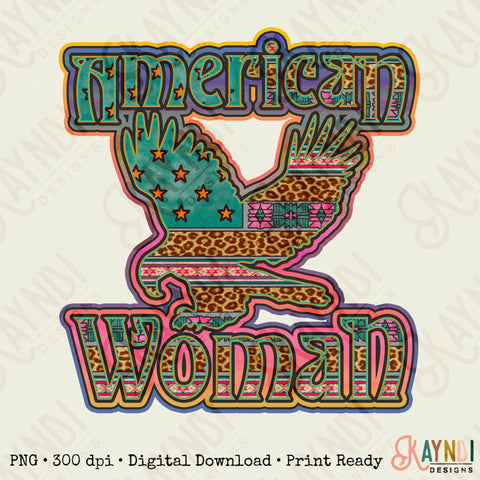 American Woman Sublimation Design PNG Digital Download Printable Retro Eagle 70s 4th of July Cheetah Leopard Boho USA Flag Patriotic