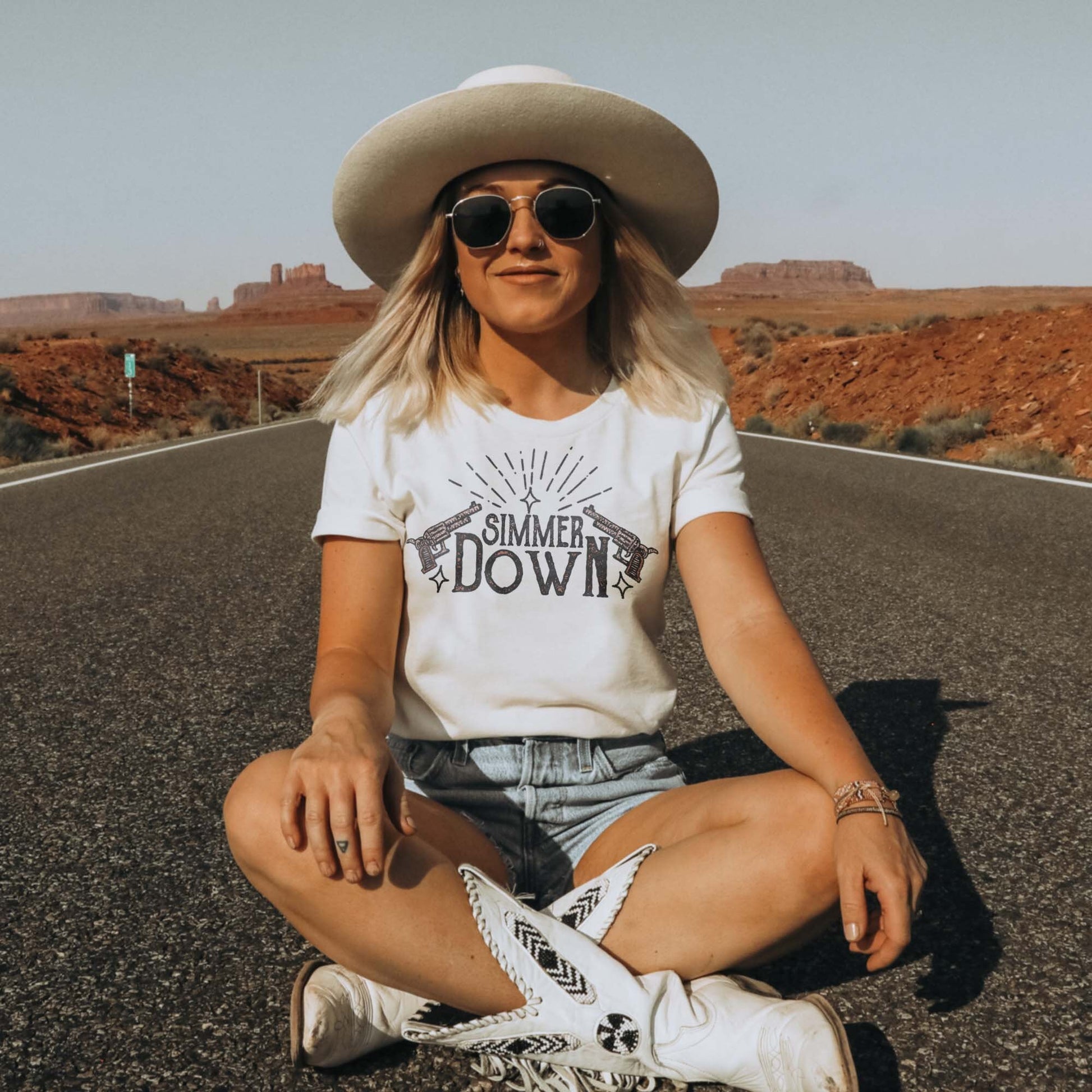 Simmer Down Sublimation Design PNG Digital Download Printable Western Cowgirl Boot Cowboy Punchy Southern Cow Country Wild West Pistol