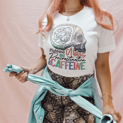 Running on Chaos Procrastination & Caffeine Sublimation Design PNG Digital Download Printable Skull Skeleton Brain Mental Health ADHD Mama
