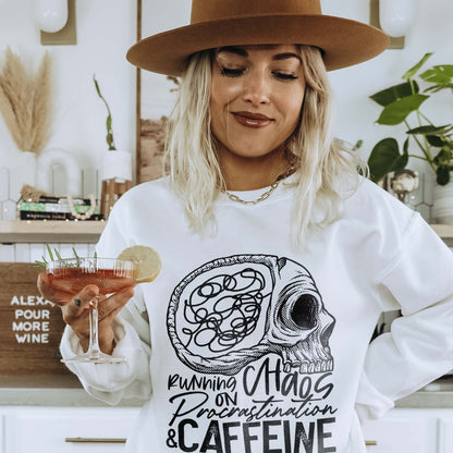 Running on Chaos Procrastination & Caffeine Sublimation Design PNG Digital Download Printable Skull Skeleton Brain Mental Health ADHD Mama