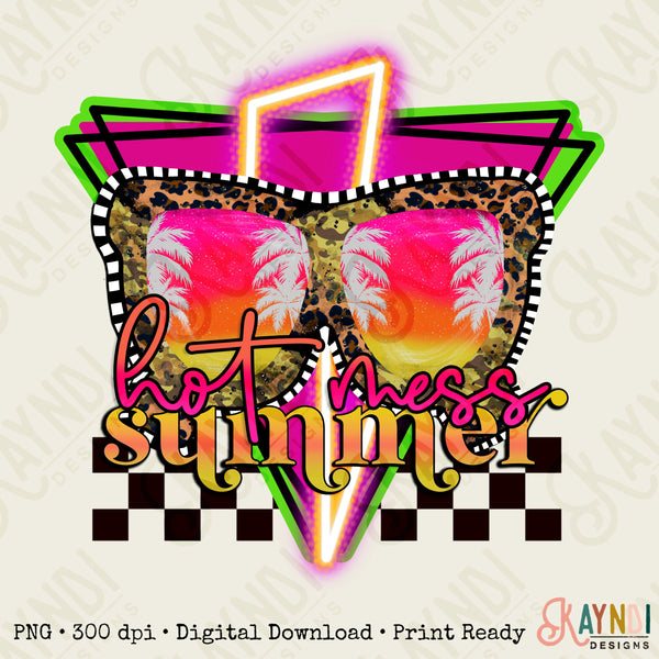 Hot Mess Summer Sublimation Design PNG Digital Download Printable Neon Lightning Bolt Thunder Checker 90s Mama Momma Mom Bod Neon Hot Mom