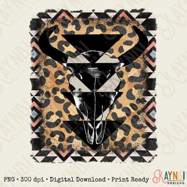 Leopard Steer Skull Sublimation Design PNG Digital Download Printable Bull Cow Print Western Aztec Tribal Cheetah Vintage Cowgirl Rodeo