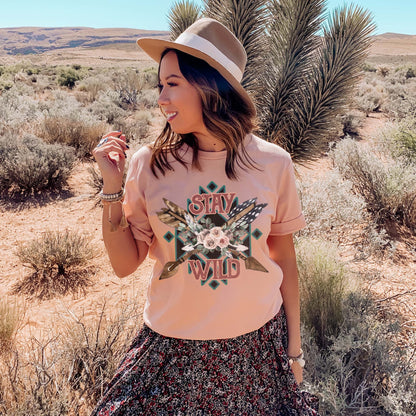 Stay Wild Sublimation Design PNG Digital Download Printable Boho Western Aztec Watercolor Floral Arrows Tribal Feathers Country Southern