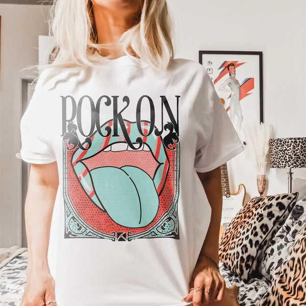 Rock On Sublimation Design PNG Digital Download Printable 80s 90s Eighties Nineties Rock Band Mouth Lips Tounge Mama Mom Retro Groovy
