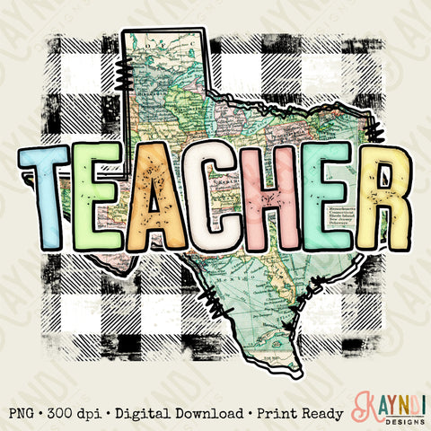 Teacher Texas Sublimation Design PNG Digital Download Printable State School Spirit Gingham School Supplies Map Cute Pastel