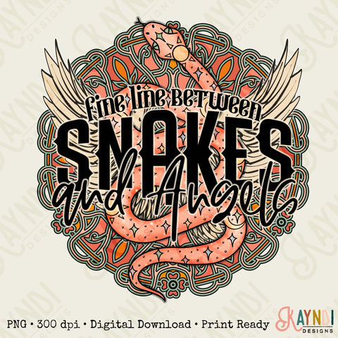 Fine Line Between Snakes and Angels Sublimation Design PNG Digital Download Printable Tattoo Snake Tattoo Wings Boho Mandala Country