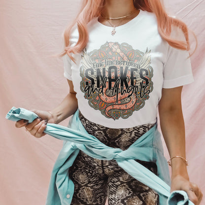 Fine Line Between Snakes and Angels Sublimation Design PNG Digital Download Printable Tattoo Snake Tattoo Wings Boho Mandala Country