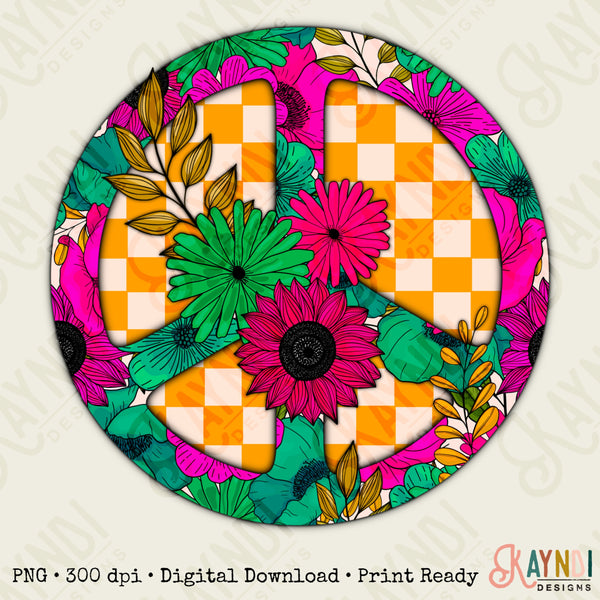 Peace Floral Sublimation Design PNG Digital Download Printable Boho Flower Daisy Retro Groovy Checker Hippie Trippy Tiedye Peace Sign Daisy