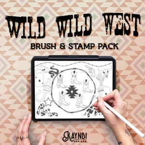 Wild Wild West Procreate Brush and Stamp Pack Cow Print Barbwire Cowboy Hat Cowgirl Boots Aztec Western Steer Skull Cactus Cards Steer Skull